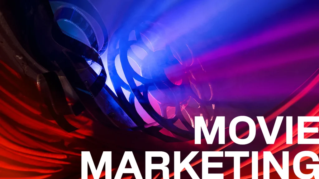 Abstract photo of vintage film reels with text "movie marketing"