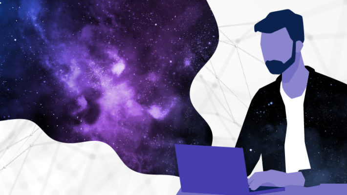 AI image of a man on a laptop and the galaxy coming out of the laptop.