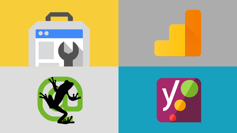Logos for 4 of our favorite SEO tools: Screaming Frog, Google Search Console, Google Analytics and YOAST SEO.