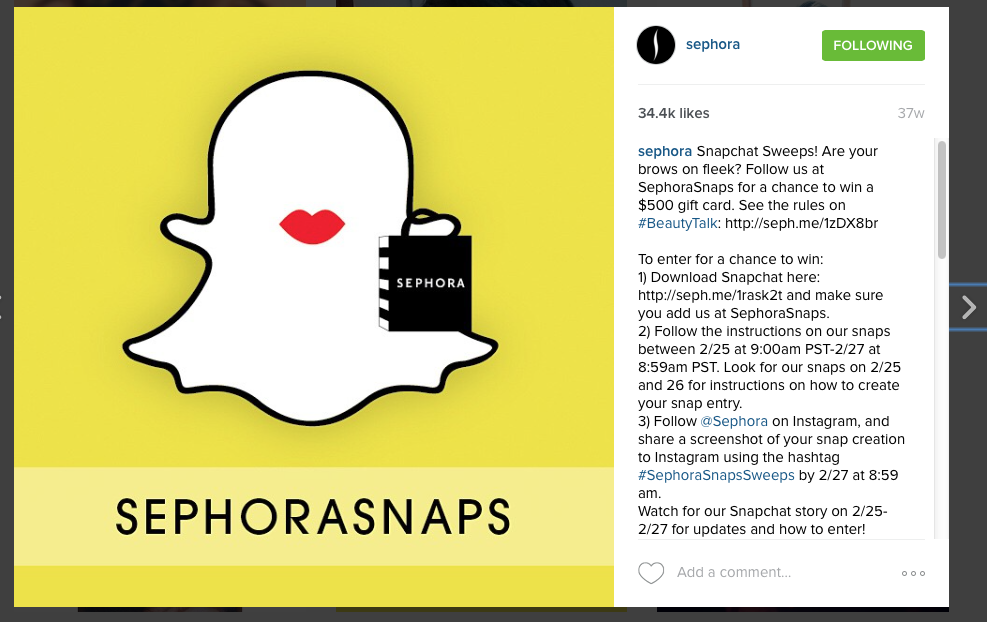 A screenshot of Sephora promoting their snapchat account 