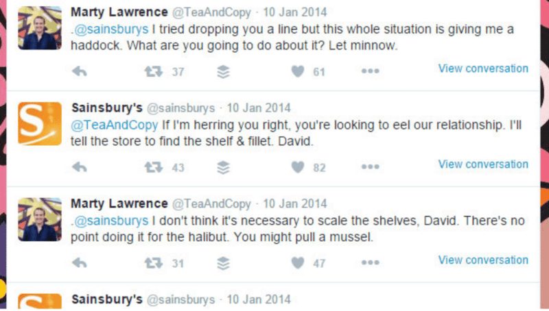 a twitter thread exchange between Matty Lawrence and Sainsbury's