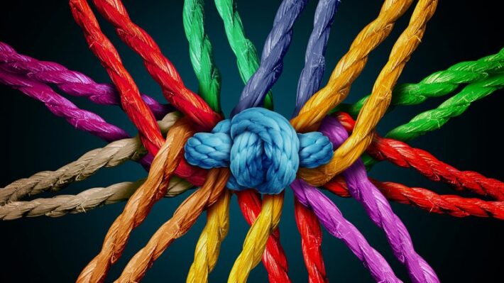 An artist interpretation of different colored rope tied together to depict attachment.