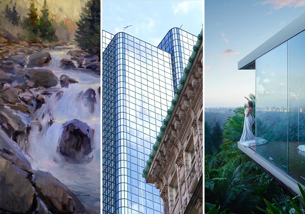 rocks and water, high rise building, and a glass mansion over looking trees