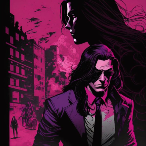 a comic book style illustration of a man with long hair and glasses who looks menacing 