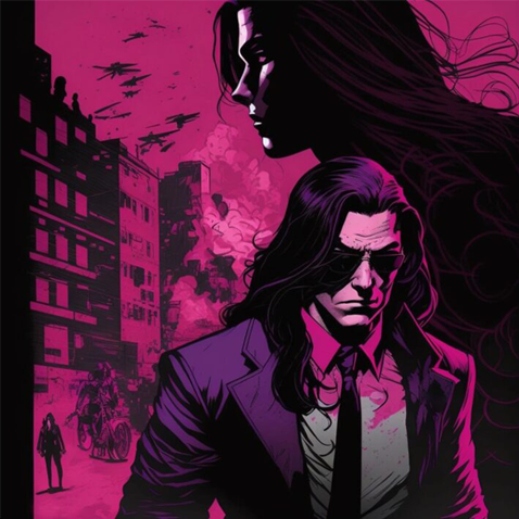 a comic book style illustration of a man with long hair and glasses who looks menacing