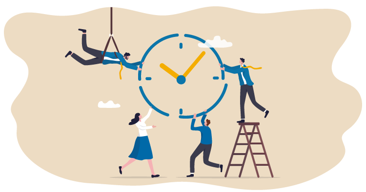 Graphical representation of four people working together on a clock.