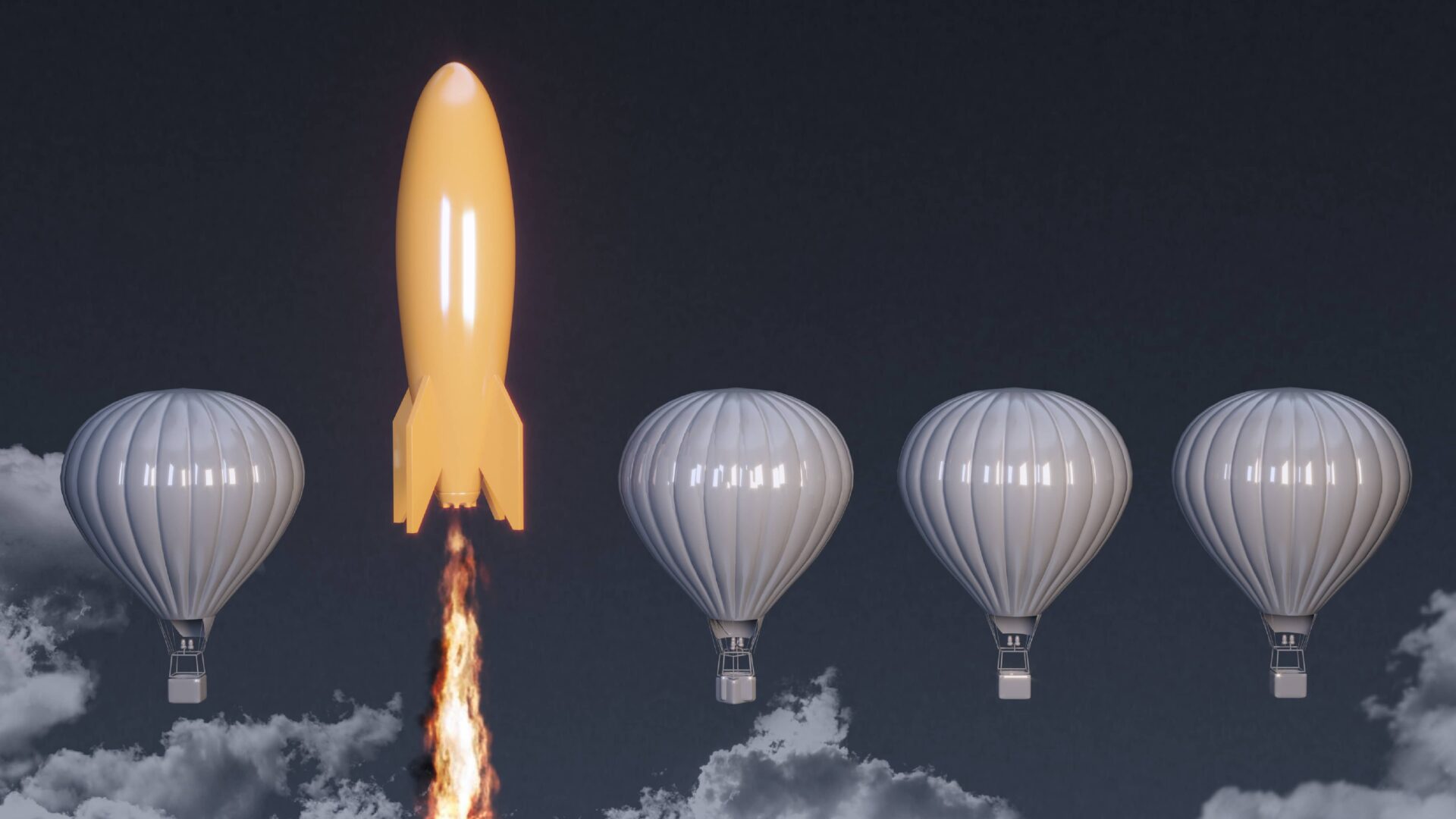 Four gray balloons and one golden rocket with exhaust beneath it
