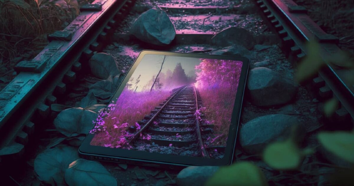 Artistic depiction of a railroad on a tablet screen.