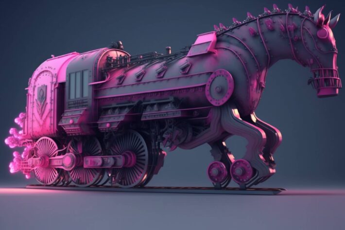 a hybrid of a horse head attached to the body of a train car