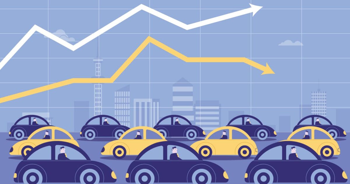 Illustration of people driving cars in traffic, a city skyline in the background and two graph-like arrows soaring above. 