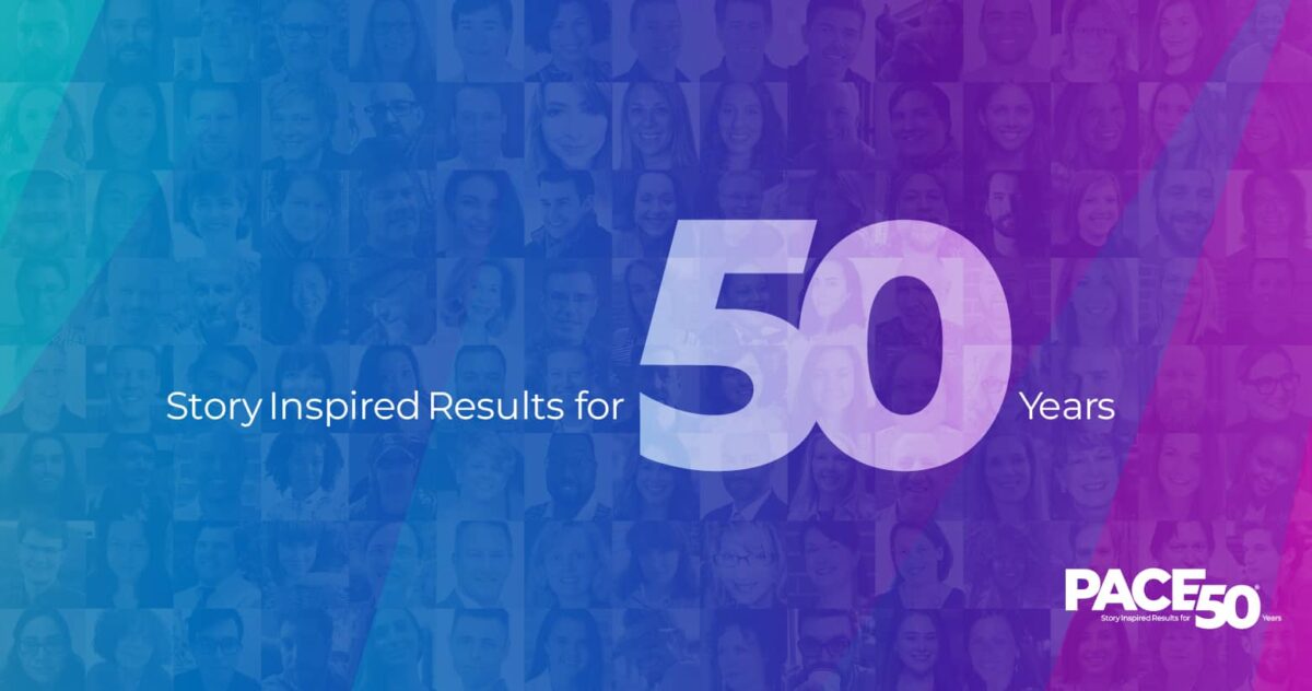 A graphic of "Story Inspired Results for 50 years" the "50" is the largest of the text. Under the text is a spectrum of blue and pink hues. Under that is a grid of the many faces of Pace employees. 