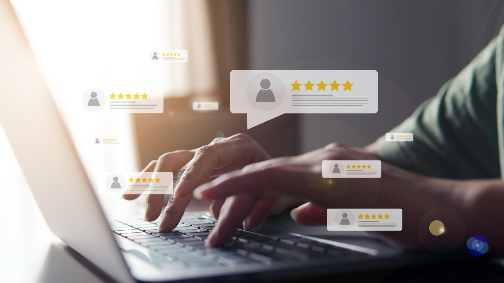 hands typing on keyboard with customer reviews floating on screen