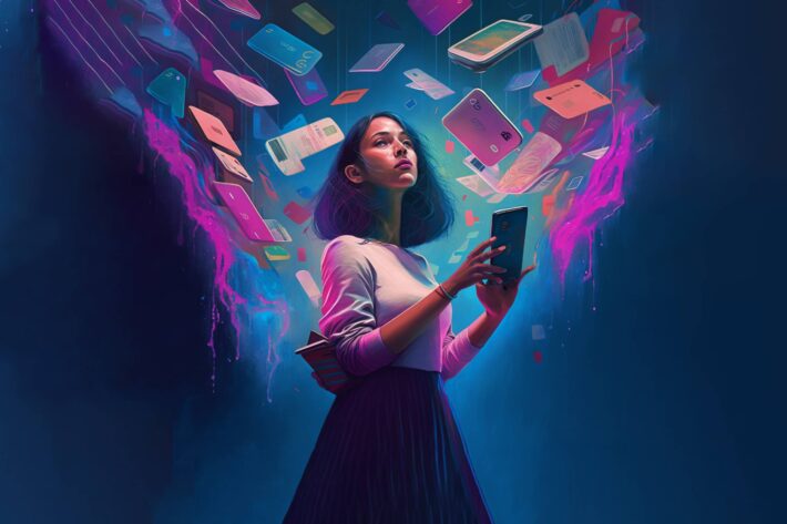 a woman holding a book with pages flying upward out of the book