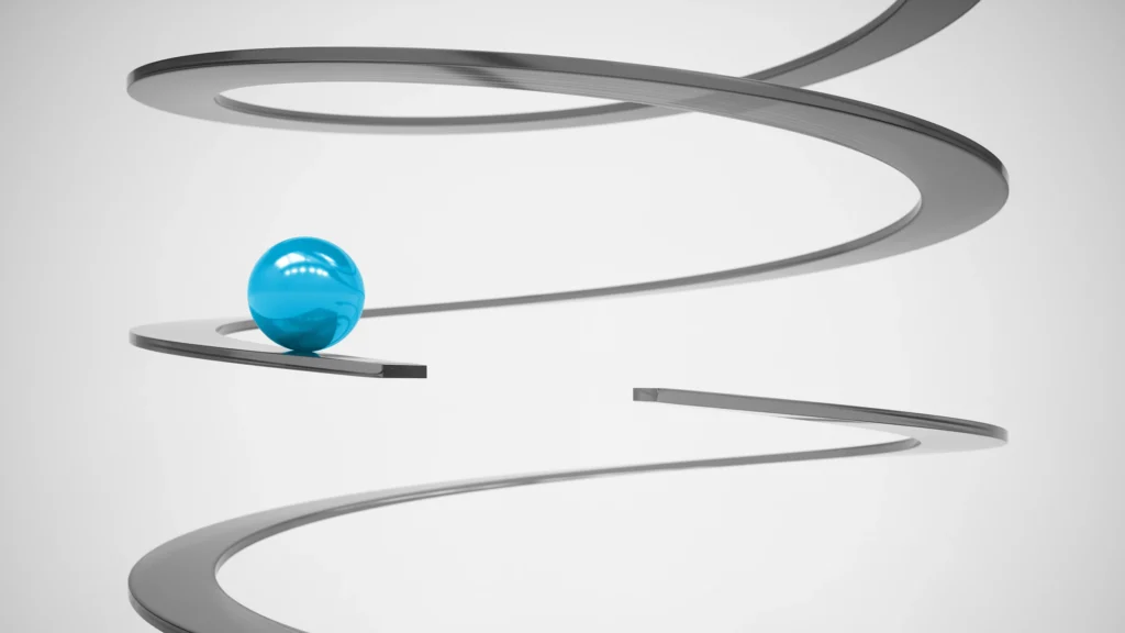 Abstract photo of ball on swirling path with a gap, representing disruption