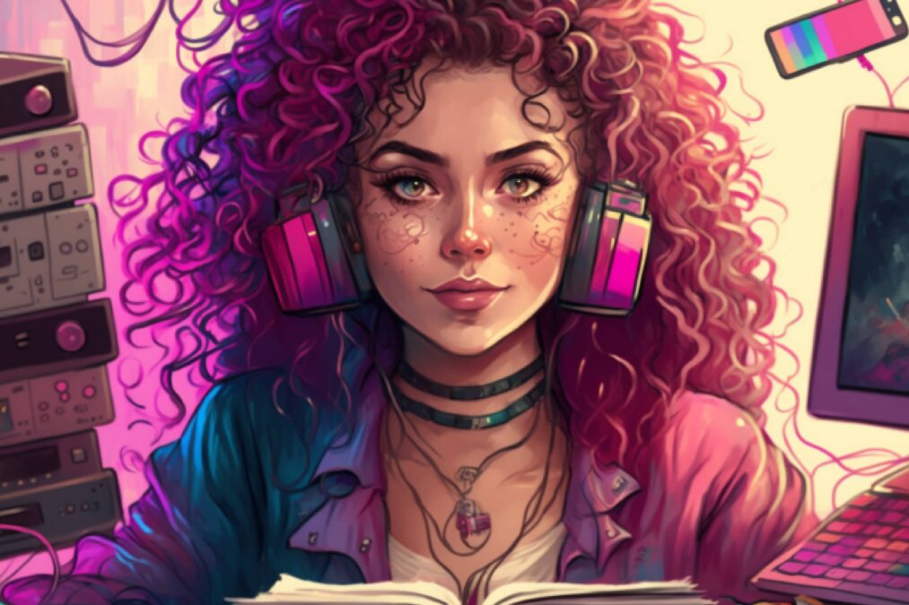 AI woman with curly hair and pink headphones.