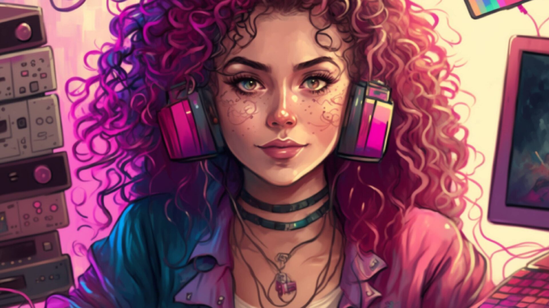 AI woman with curly hair and pink headphones.