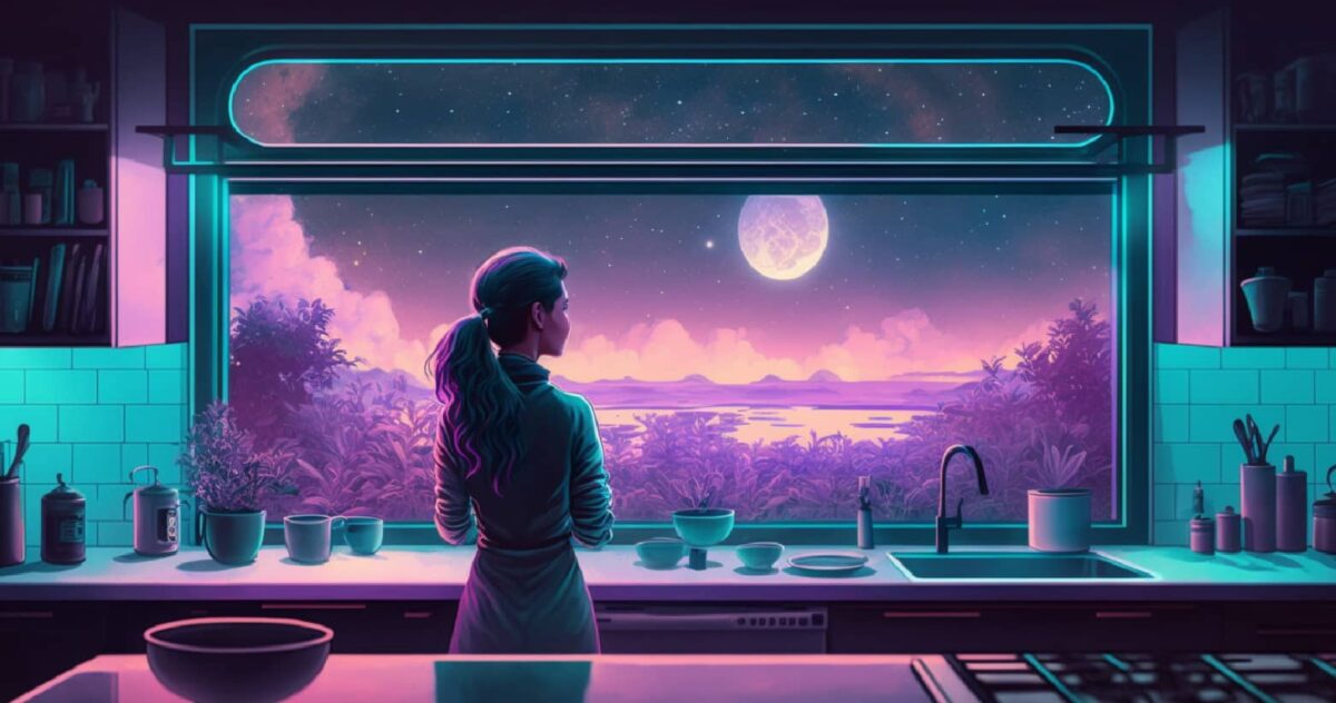 A woman looking out the window of a futuristic home
