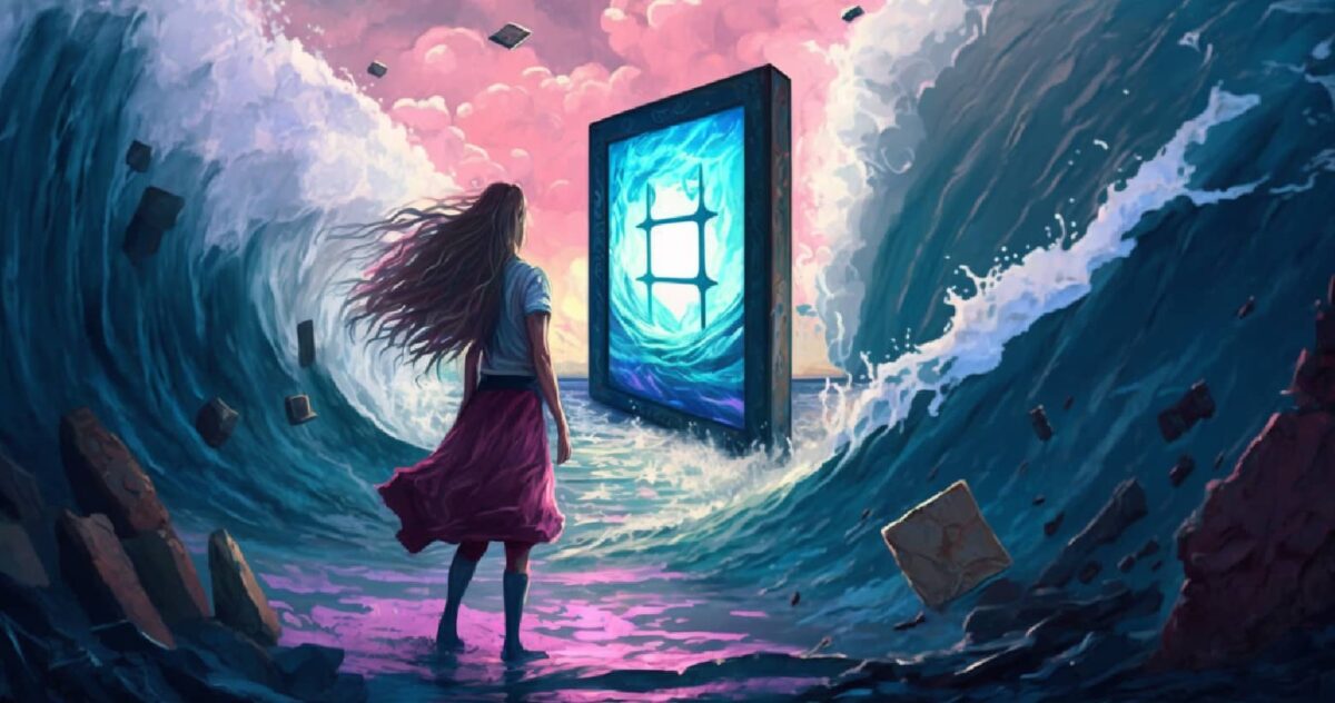 A woman looking into a screen as waves break around her