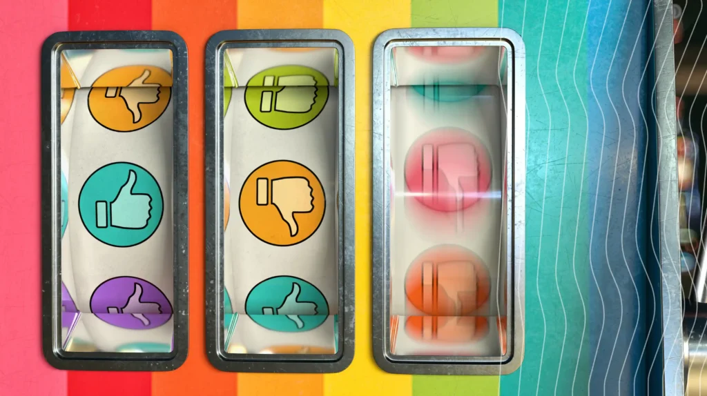 slot machine showing thumbs up or down