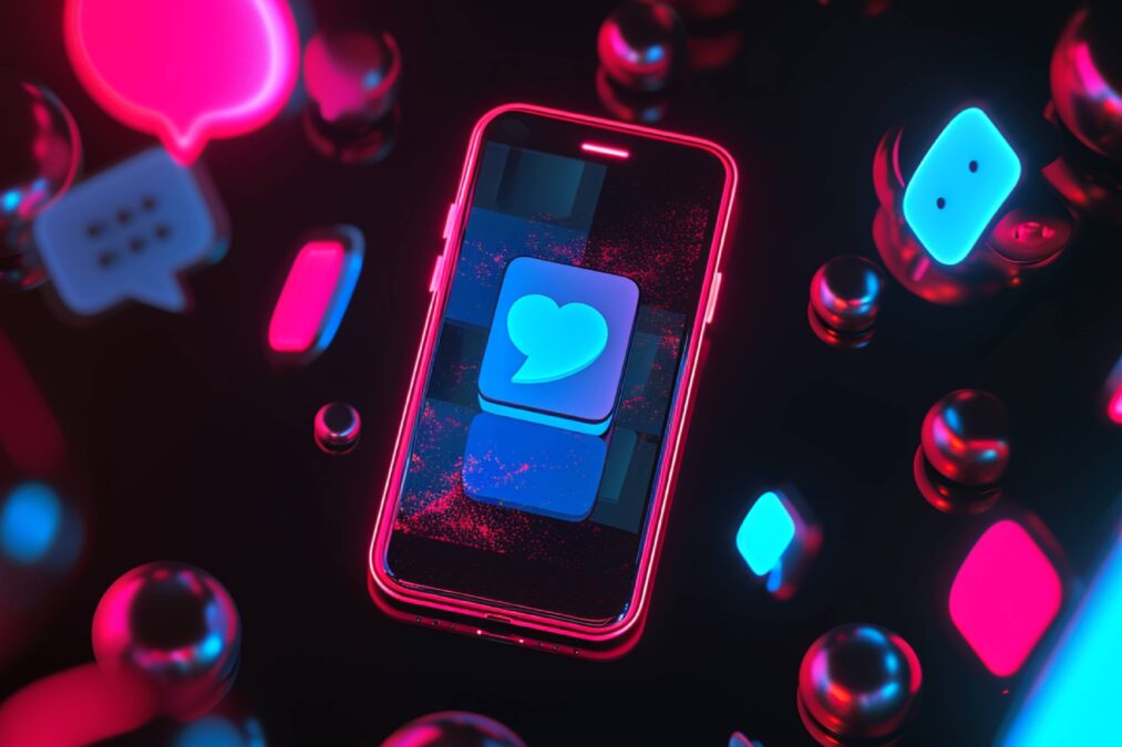 a neon phone with neon social icons floating around it