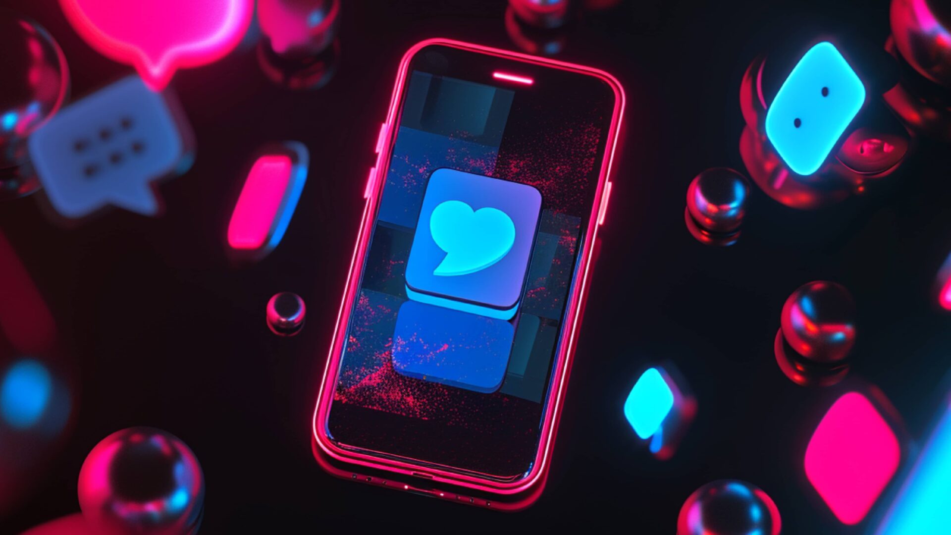 a neon phone with neon social icons floating around it