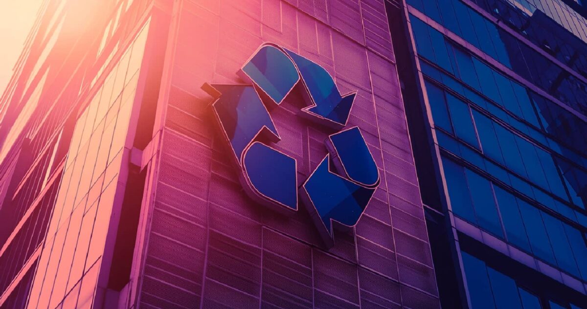 A corporate building with a recycling symbol on its side