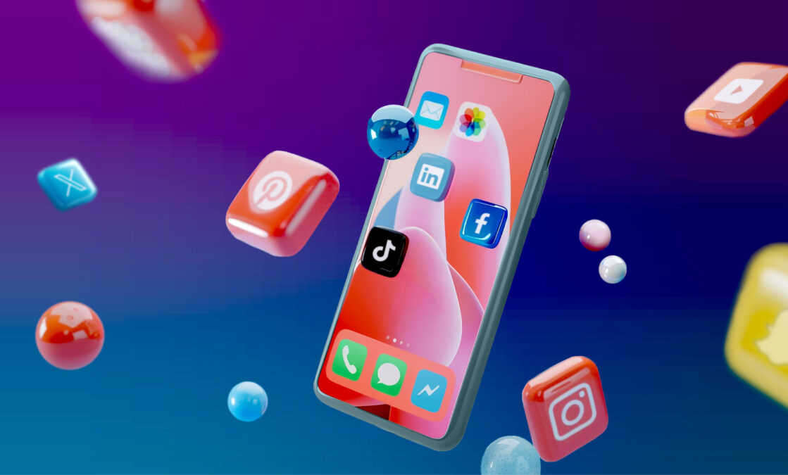 AI art of a cell phone with social media icons on screen and floating around the phone 
