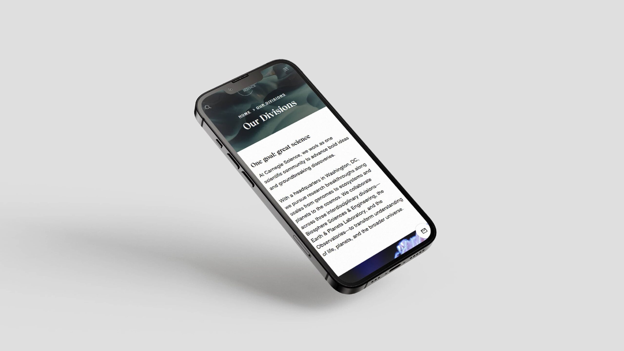 Carnegie Science website article on a smartphone screen