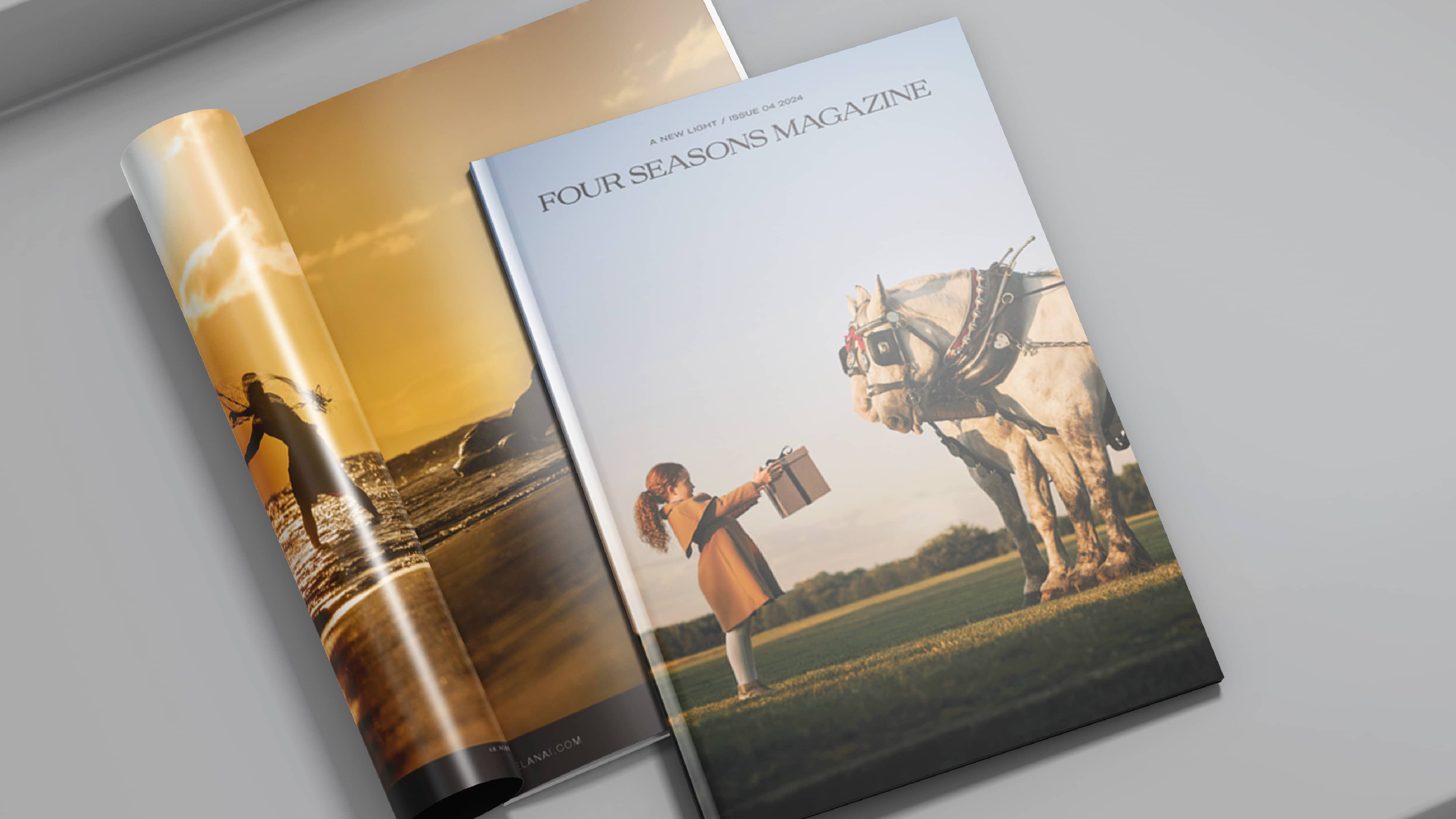 Four Seasons Magazines, featuring a cover photo of a girl handing a gift box to bridled horses