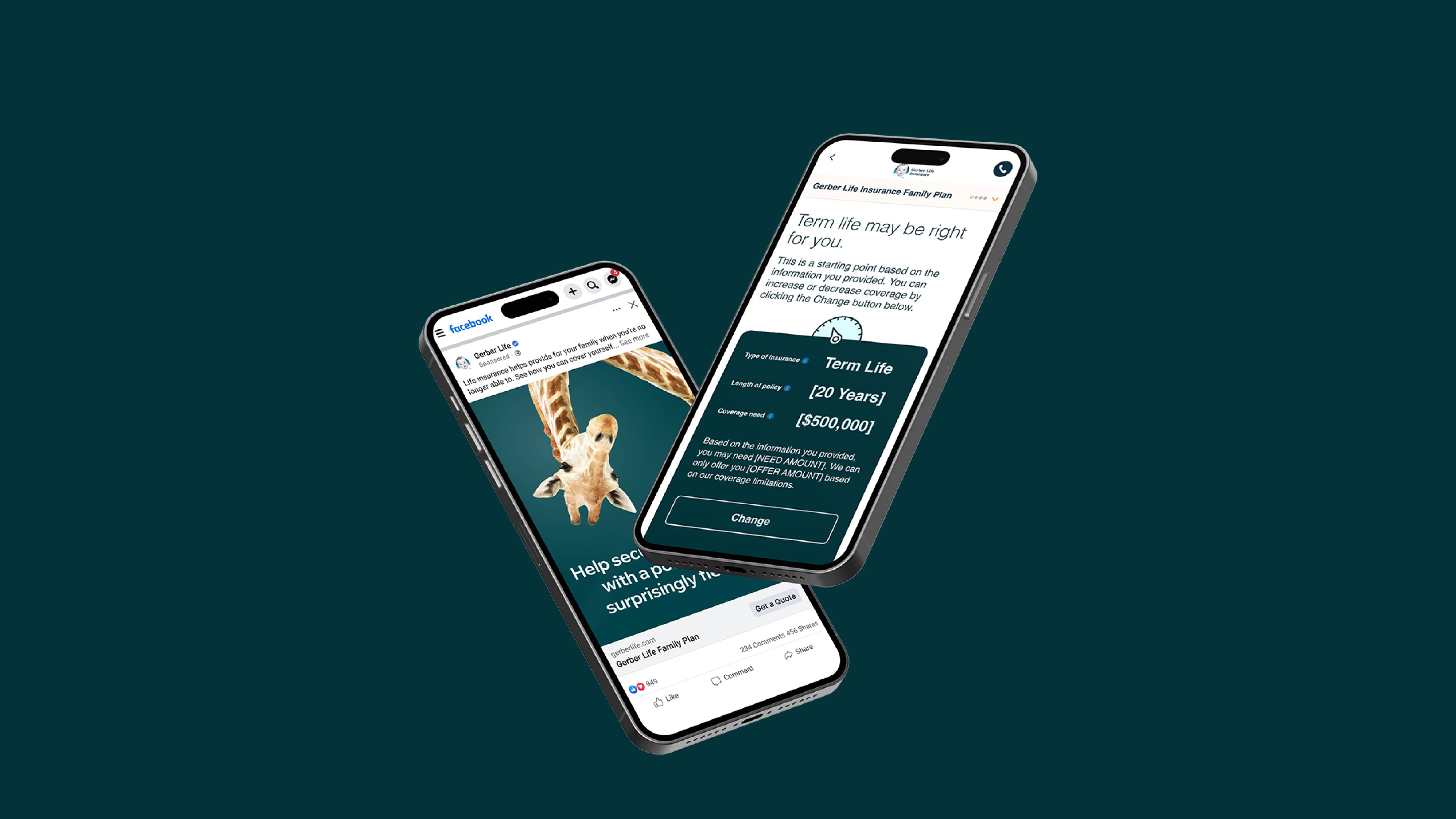 Gerber Life Insurance social media and website on multiple mobile phones