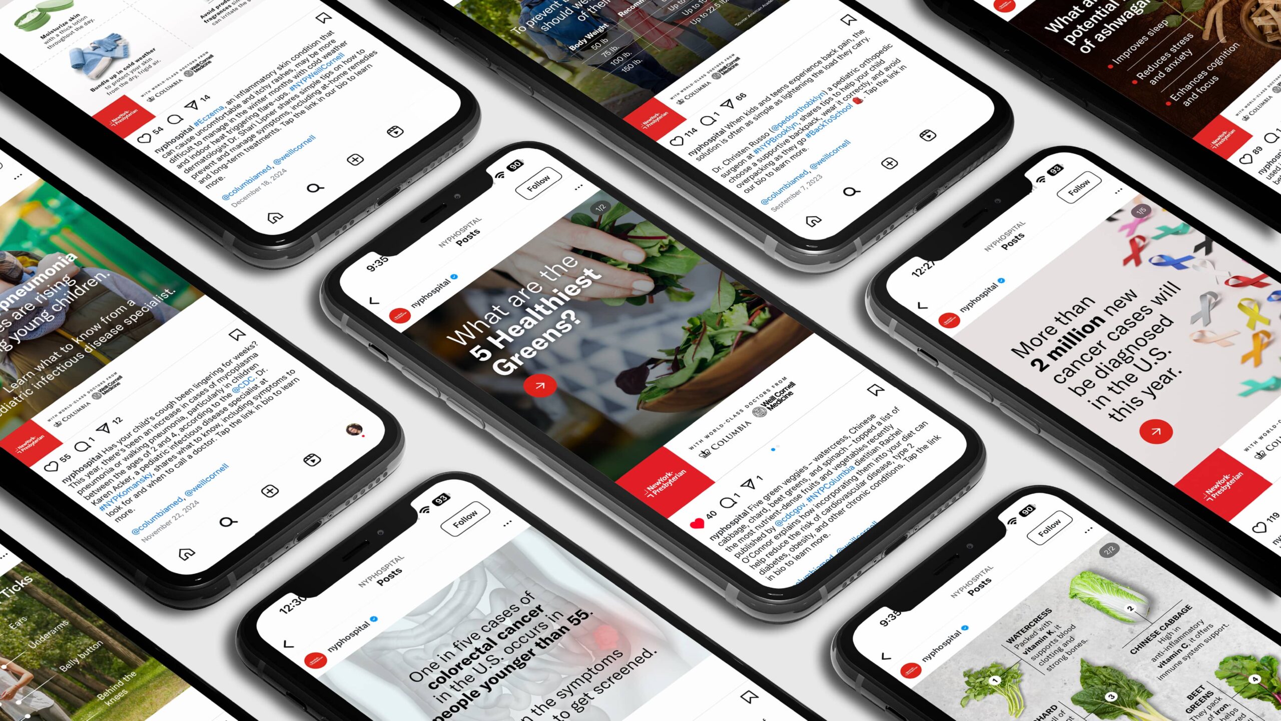 NewYork Presbyterian social media content on multiple smart phone screens