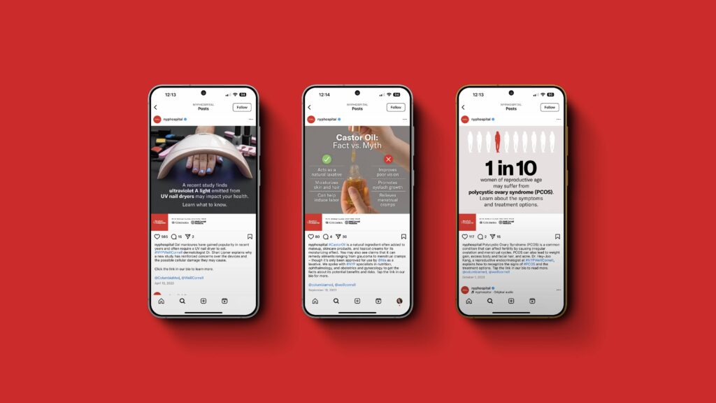 NewYork Presbyterian social media content on multiple smartphone screens