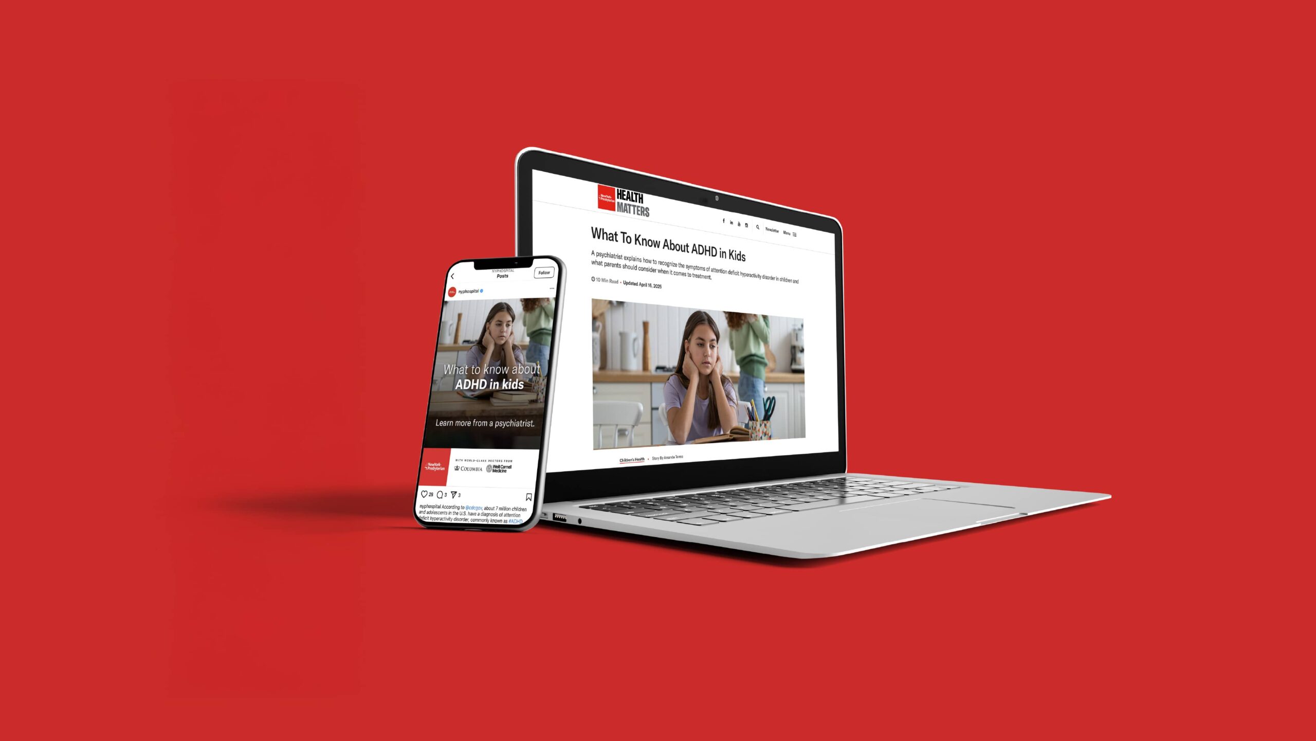 NewYork Presbyterian article content on a laptop and a smartphone