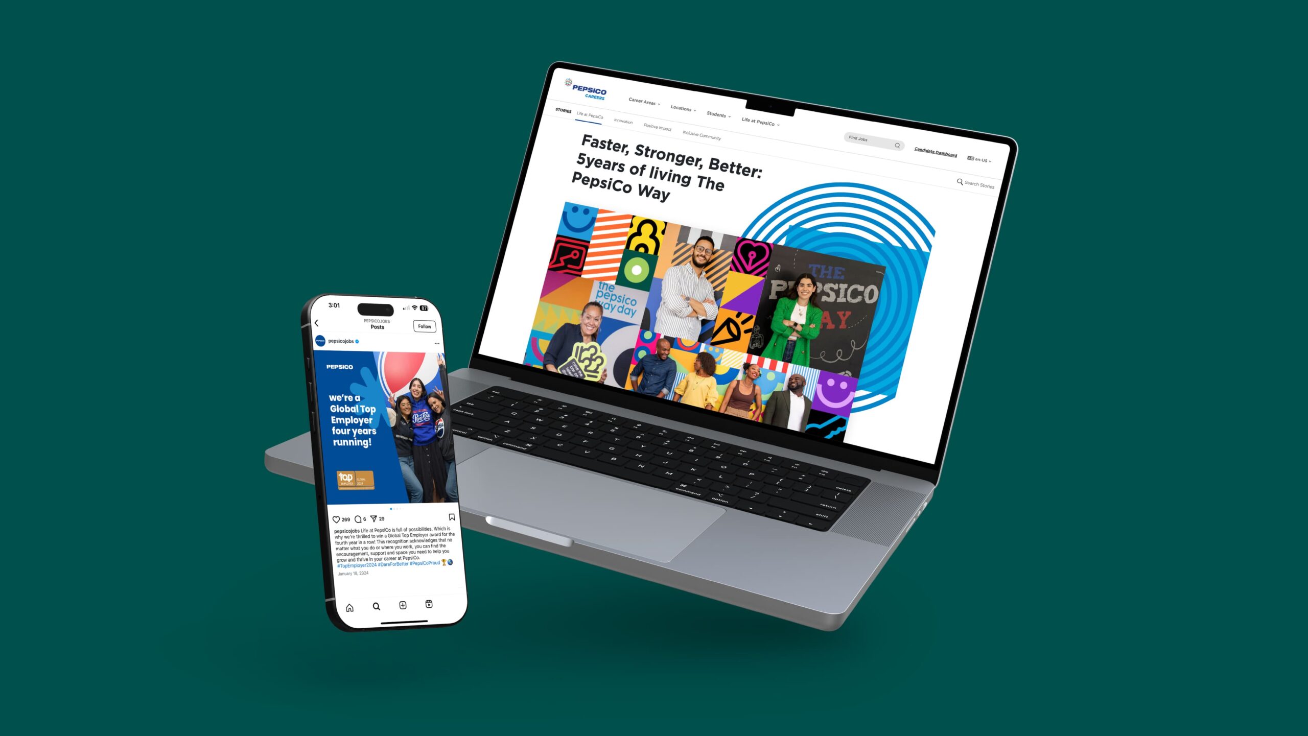 PepsiCo Careers website and content shown on a cell phone and laptop 