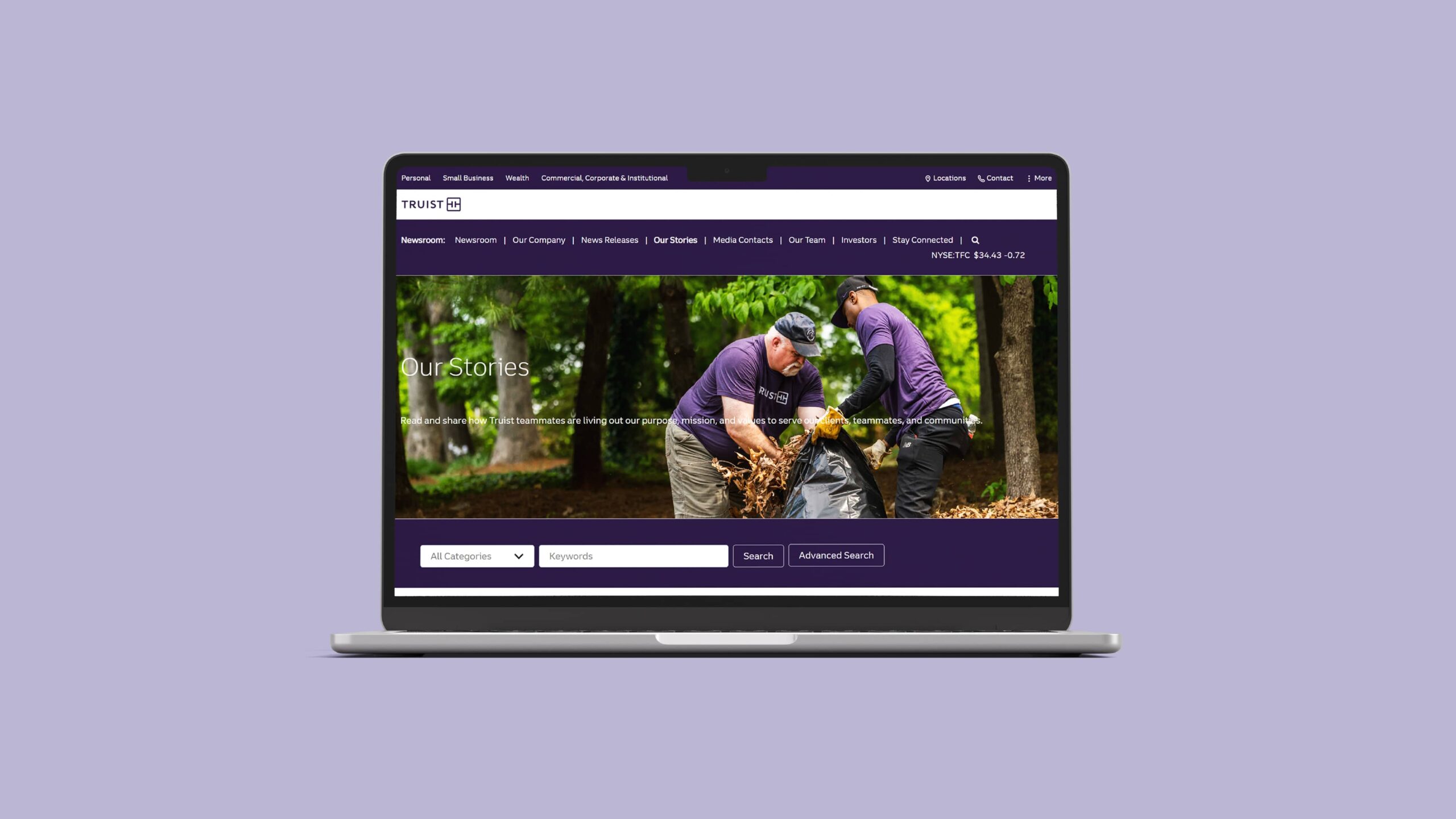 Truist stories landing page, showing Truist workers in their community