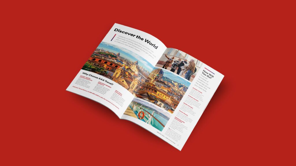 AAA Living printed magazine, opened up to a travel article