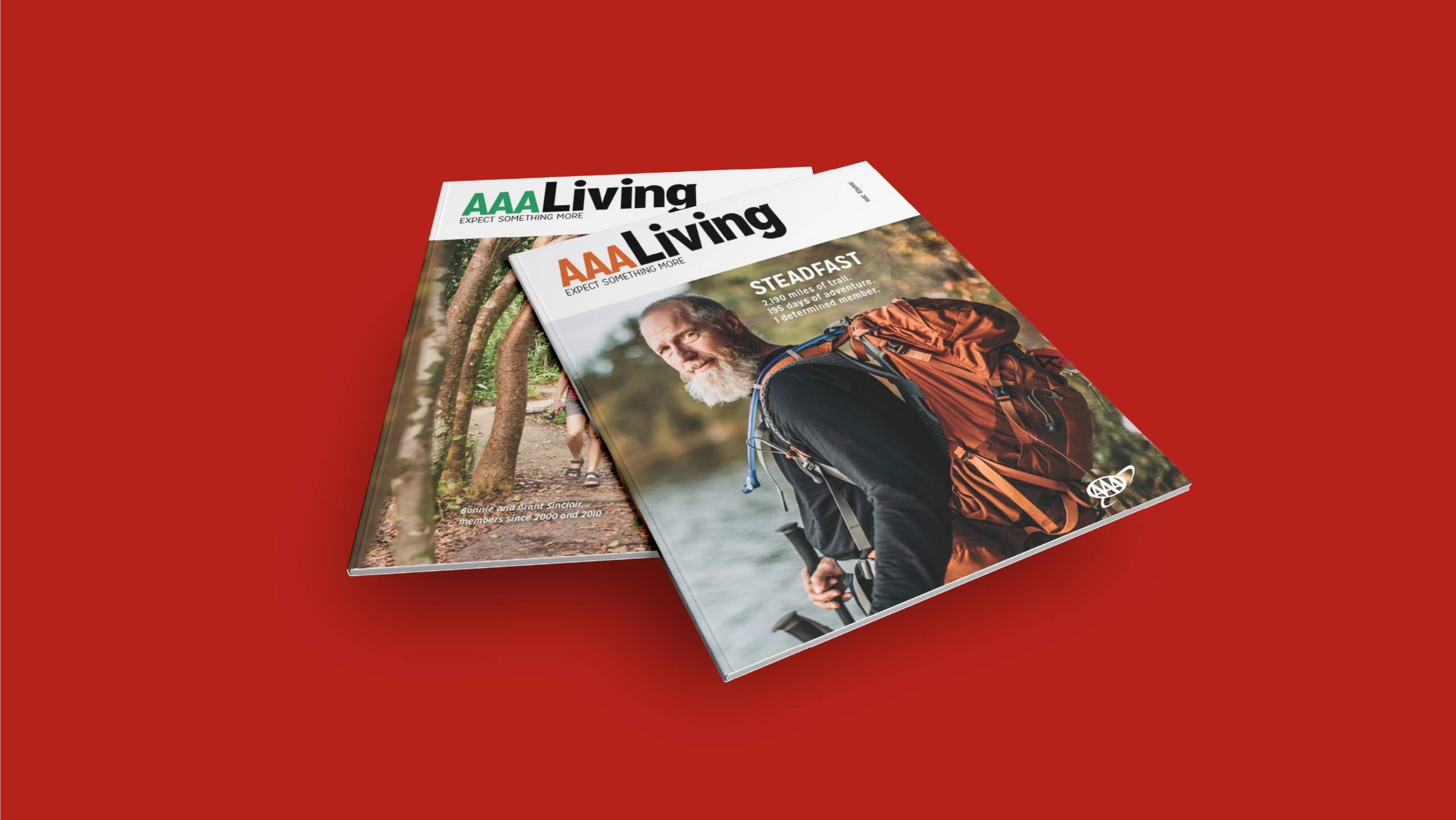AAA Living magazine covers featuring people in hiking and camping gear