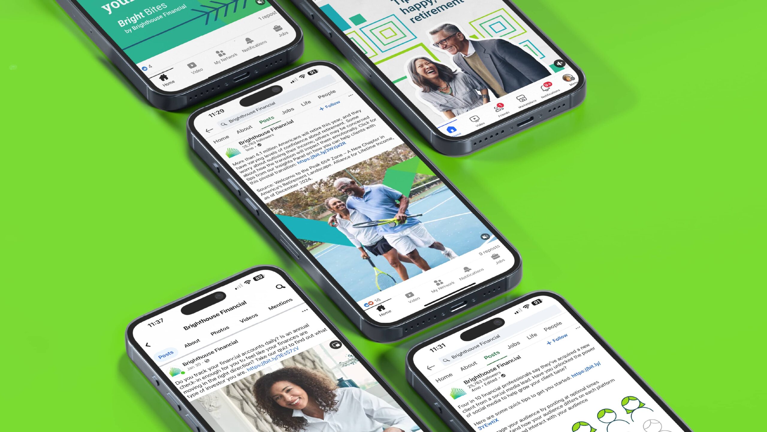 Brighthouse Financial social media content on multiple smartphone screens
