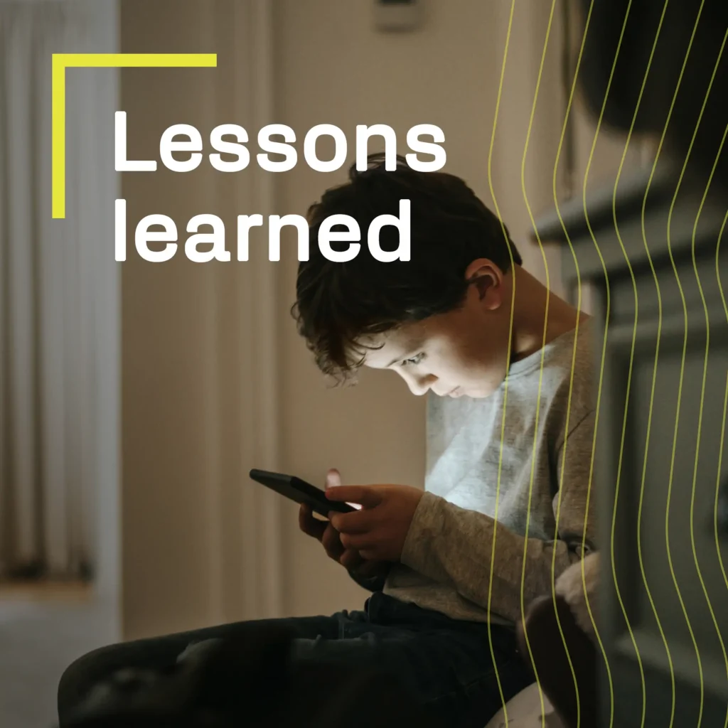 A child on a phone and the text "lessons learned"