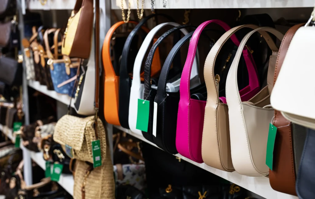 Photo of purses on shelf at store.