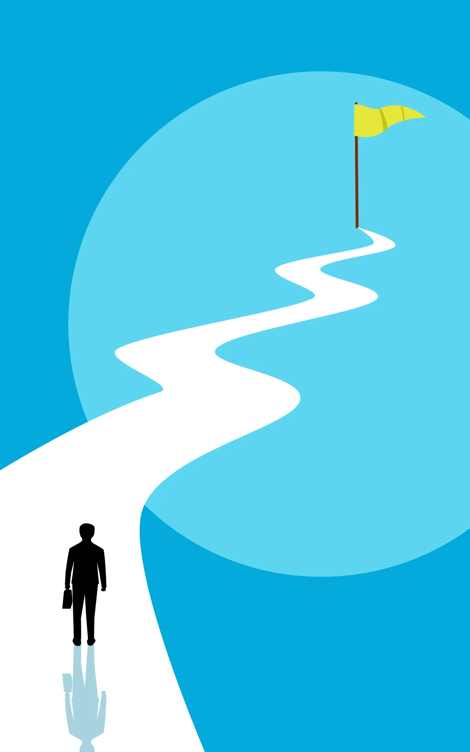 Abstract image of person facing winding road to flag