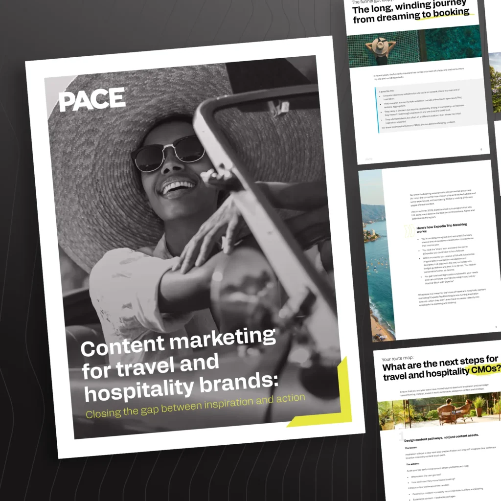 Cover image of Pace white paper titled “Content marketing for travel and hospitality brands: Closing the gap between inspiration and action,” featuring a smiling traveler in sunglasses and a wide-brim hat sitting in a convertible, with preview pages of the report in the background.