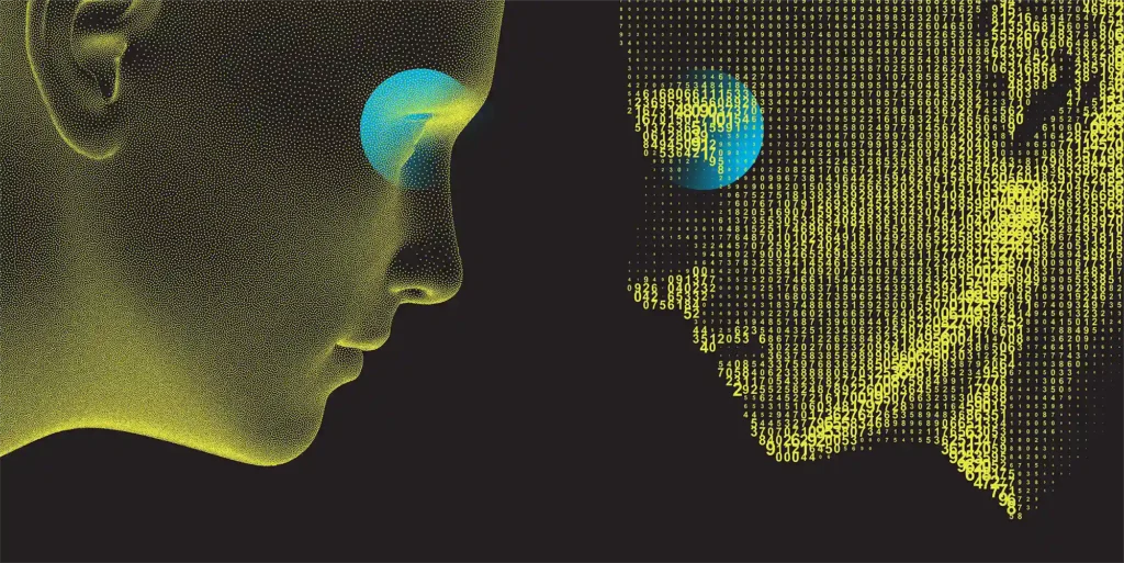 Abstract artwork showing a human face and a data-generated face facing one another, representing the balance between human insight and AI-driven content creation.