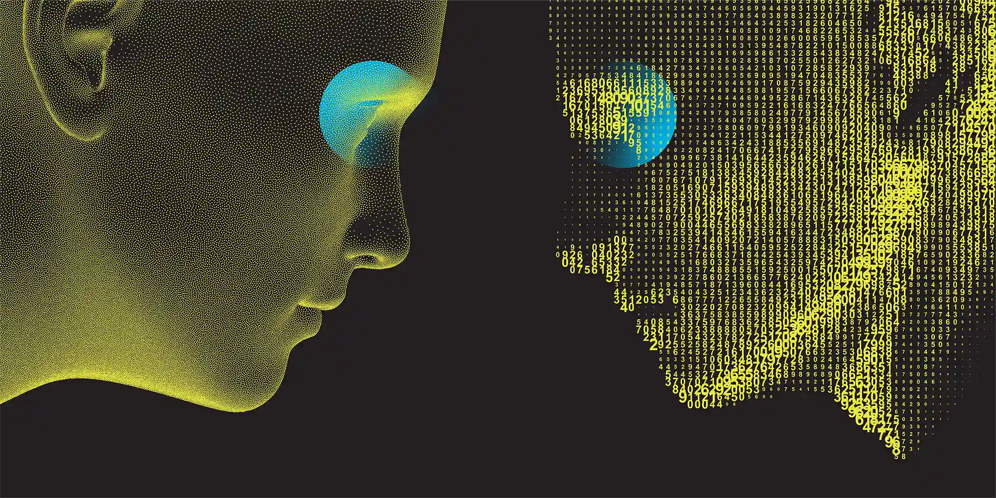 Abstract artwork showing a human face and a data-generated face facing one another, representing the balance between human insight and AI-driven content creation.