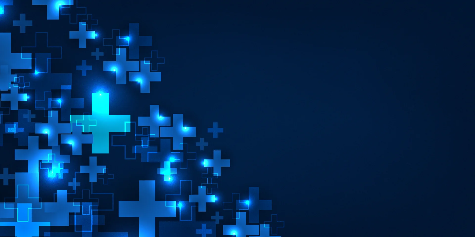 Blue abstract pattern of interconnected medical cross icons illustrating connected healthcare content and digital patient experiences.