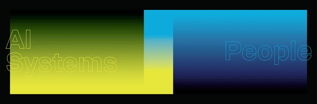 Abstract image with blue-yellow gradient blocks and the text "AI Systems" and "People" overlayed representing the two layers of answer-ready content.