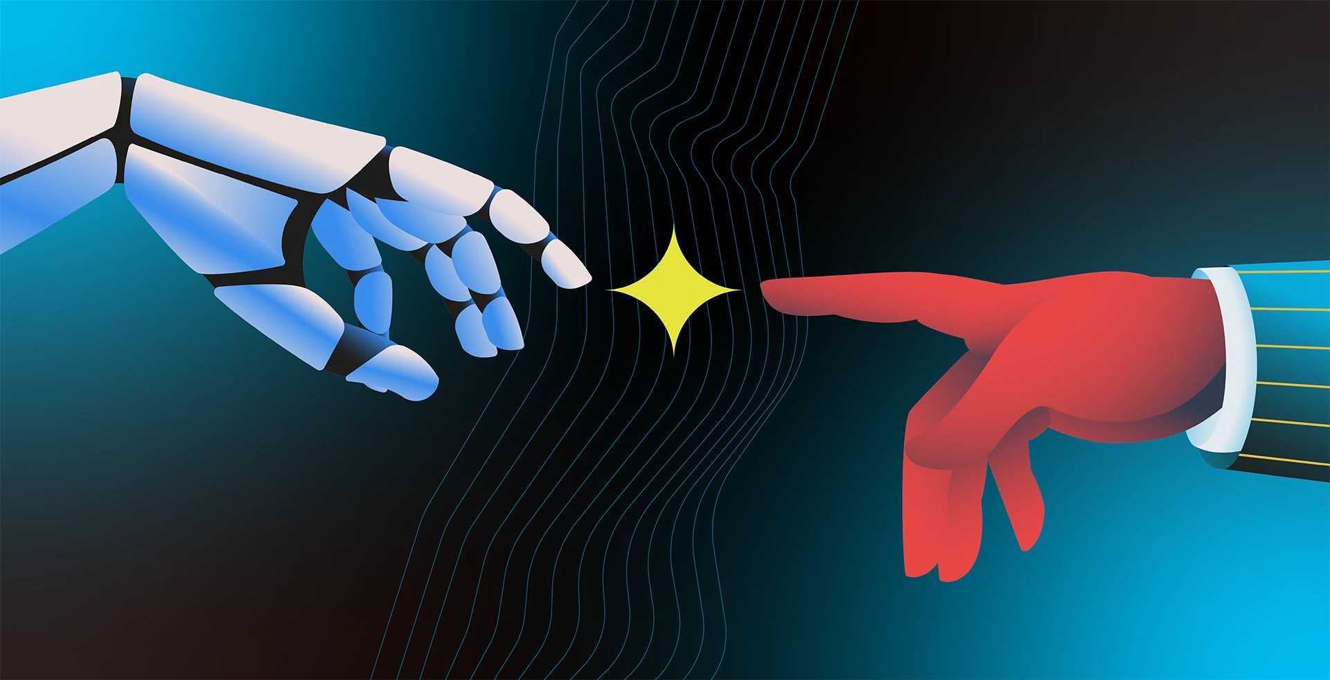 Illustration of a human hand reaching toward a robotic hand, symbolizing the evolving relationship between employees and AI.