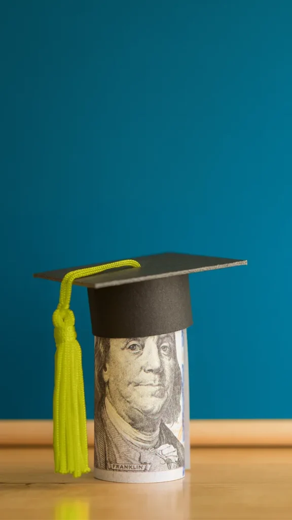 Rolled $100 bill wearing a graduation cap, representing questions about the cost and value of a college degree.