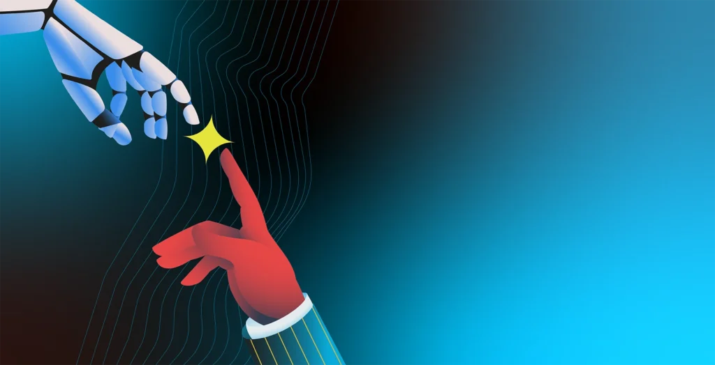 Illustration of a human hand reaching toward a robotic hand, symbolizing the evolving relationship between employees and AI.